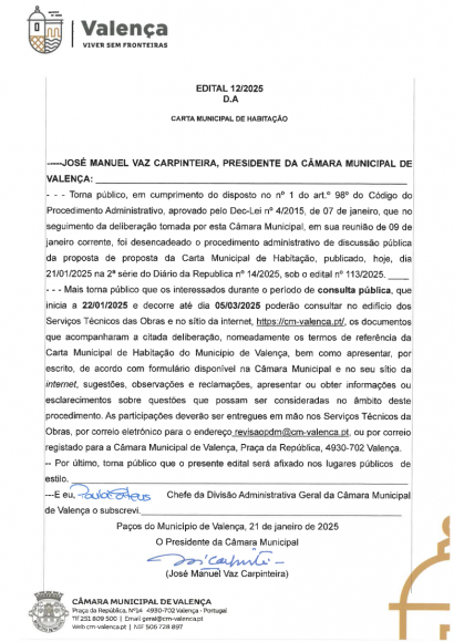 Edital 12/2025 do Município de Valença - Carta Municipal de Habitação